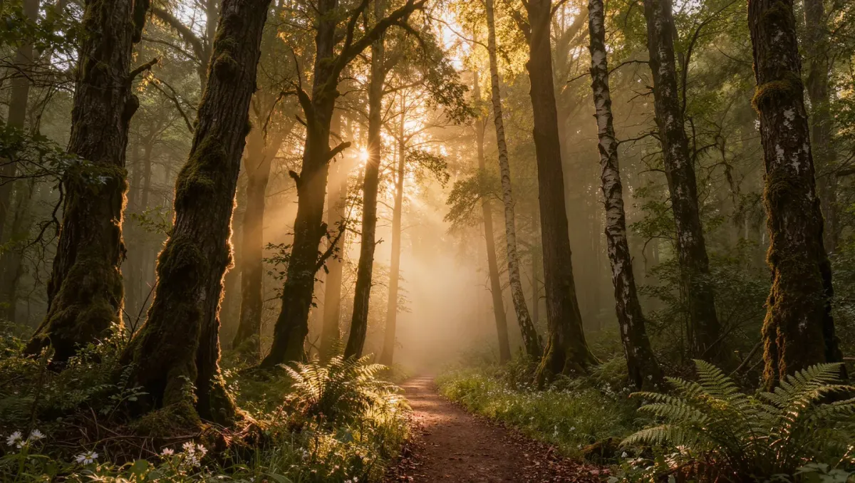Sonnenstrahlen durch nebligen Waldweg – Spiritueller Weg